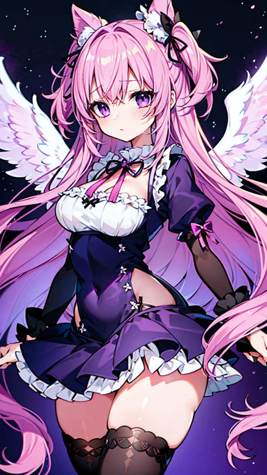 This character is a beautifully designed anime-like character with delicate features. She has long pastel purple hair that flows down to her ankles, and her bangs are swept to the side. Her eyes are large and expressive, with pink irises often seen on anime-style characters. She wears a fantasy-inspired outfit that combines purple and black colors with gold accents. The outfit includes a fitted bodice with a high collar, ruffles, lace detailing, and ribbon-knit thigh-high stockings. Characters are decorated with ribbon-like accessories, such as large ribbons in their hair and small ribbons in their costumes. She also has gold chains dangling from her hips and thighs. She is wearing a swimsuit, which often features frills and purple. It was midnight, and the darkness of the night highlighted the yellow stars. Her back is one-sided with angel wings.