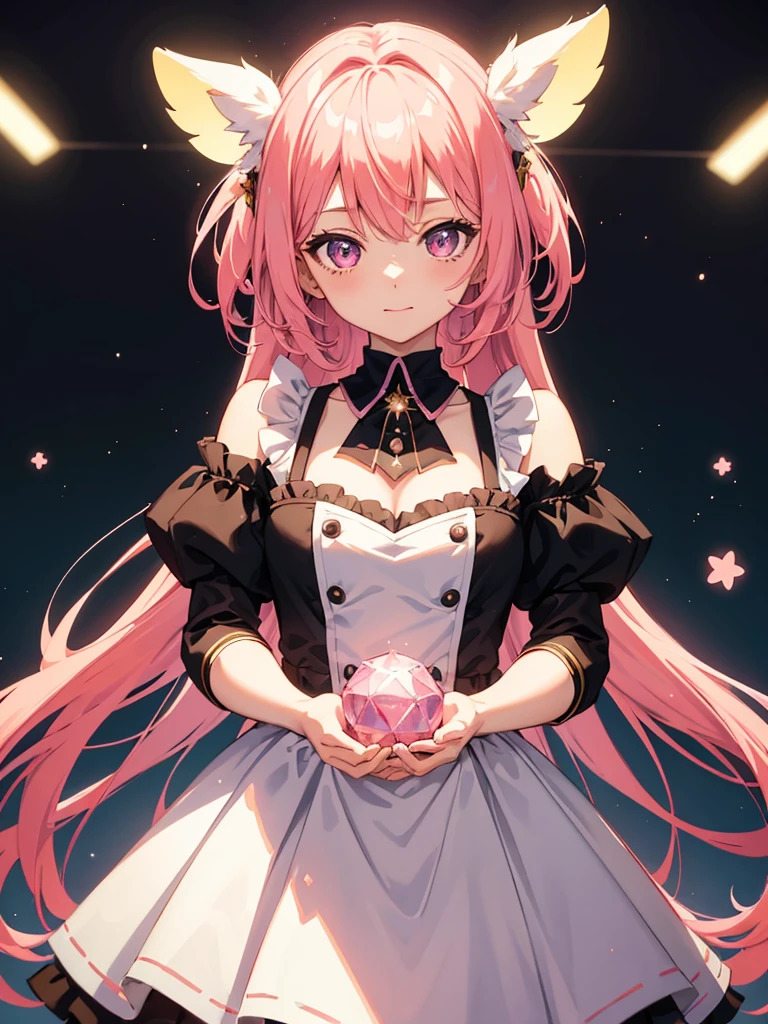 1girl, portrait, loli anime girl with short pink hair wearing maid outfit, pink hair with few pieces of blue hair, pink eyes, close up face, detailed eyes, detailed hair, emotional lovely happy expression, crystal glowing eyes, cinematic lighting, extremely detailed body, face, clothes, (best quality,4k,8k,highres,masterpiece:1.2),ultra HD, masterpiece, very very anime style, bokeh, starry shining lighting, original characters