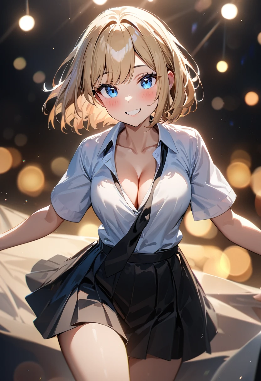 (((One girl))), blond hair, bob cut, (cowboy shot), (looking at viewer), face in focus, breasts, teenager, head tilt:1.3, (((blue eye))), ((happy smile)), ((blush)), school summer uniform, white shirts, ((black tie)), black skirt, dynamic pose, ((cleavage)), anime style, (best quality, 4k, 8k, highres, masterpiece:1.2, ultra-detailed, ultra-detailed eyes, HDR, UHD, studio lighting, ultra-fine painting, sharp focus, physically-based rendering, extreme detail description, professional, vivid colors, bokeh)