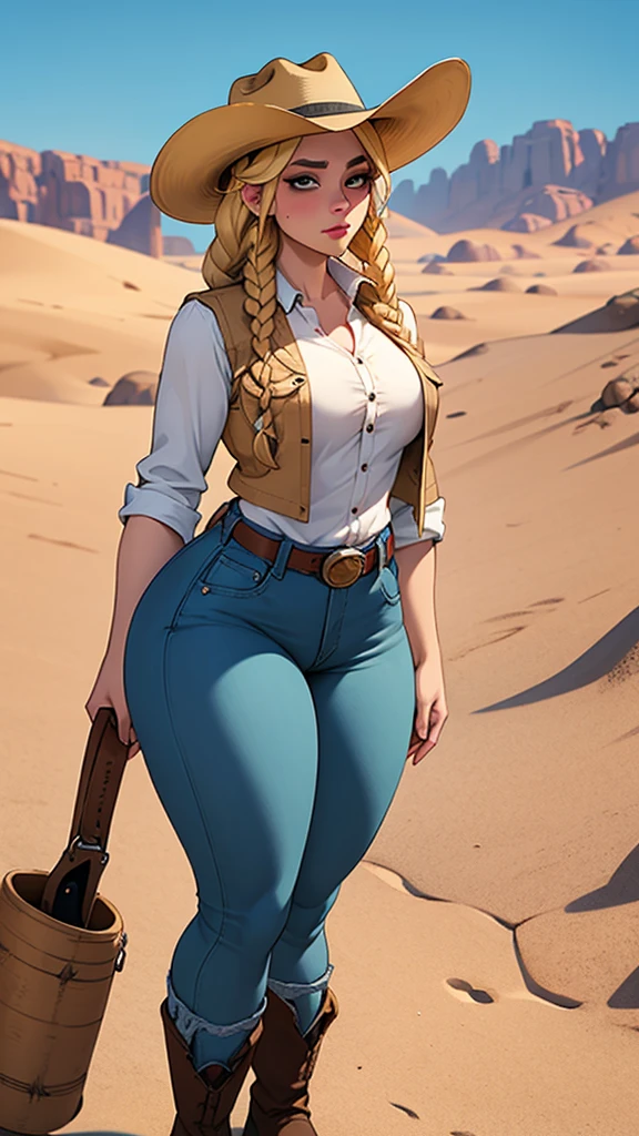 Woman sheriff, wild west, curvy, cowboy hat, blonde braids hair, pink skin, parts, jeans, White shirt, Cowboy vest, texan buckle, Cowboy boots, stir in both hands, village scene in the desert