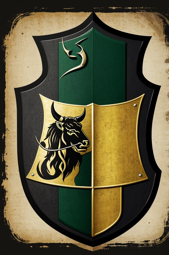 Create a shield in the style of the Hogwarts houses, an ox with the colors green and black