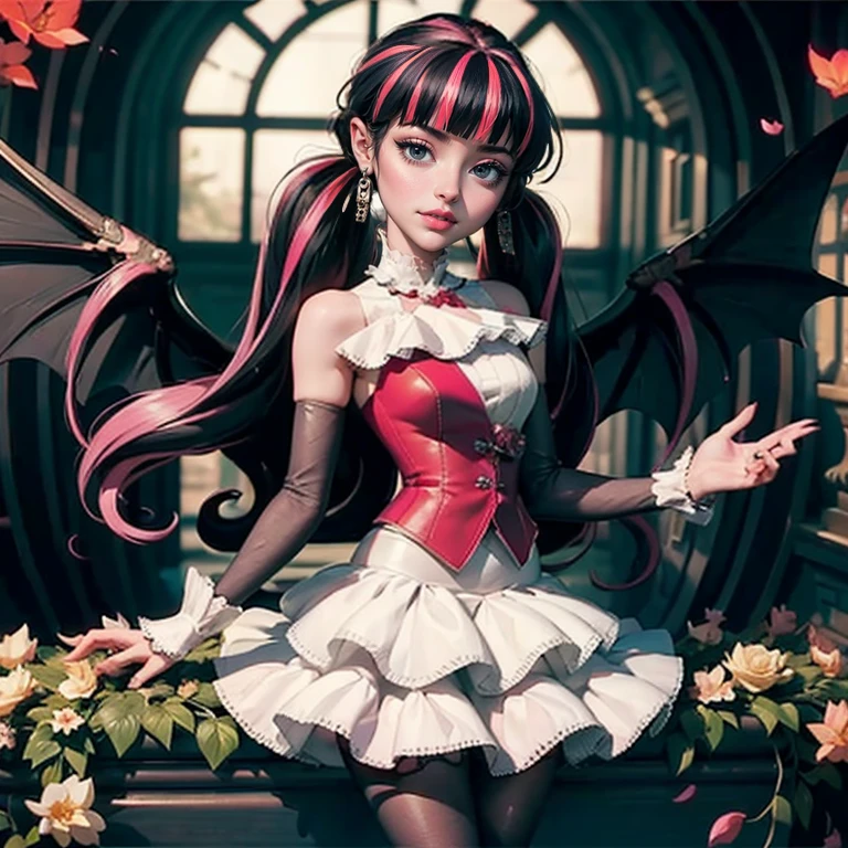 ((high quality)), ((Work of art)), (more detail), 1girl, succubus, centered, a girl with a bat wings, award winning upper body portrait, solo, alone, cowboy shot, Draculaura_MH, solo, black half hair, pink half hair, multicolored hair, long hair, wave hair, braided hair, chinese hairpin, white shirt, white skirt, pink knee boots, smiling, gothic style, cemetery scenery, gold lanterns, white roses, depth of field, cinematic composition, half black hair, half soft pink hair, wave hair, seat close to a coffin, solo, alone, only one girl, white roses, smile, vampire fangs, gothic dress, bat wings, white dress, white dress with transparency, pink laces, white gloves, white high socks, pink high hills boots, bat jewelry, jewelry, grass, white roses on focus, Draculaura_(monster high), Monster High, looking at the viewer, solo, alone, only one girl, more details on the clothes, petals in the air, two arms, two legs, two hands, five fingers