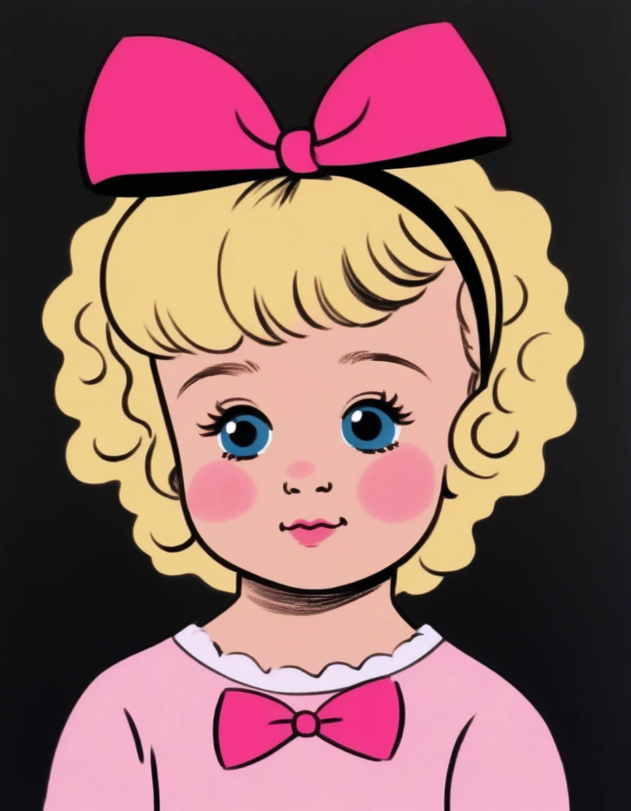 4 year old with a small bright pink bow on her head, with black background