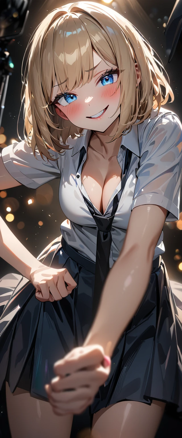 (((One girl))), blond hair, bob cut, (cowboy shot), (looking at viewer), face in focus, breasts, ager, head tilt:1.3, (((blue eye))), wide eyes, ((evil smile)), ((blush)), school summer uniform, white shirts, ((black tie)), black skirt, dynamic pose, cleavage, anime style, (best quality, 4k, 8k, highres, masterpiece:1.2, ultra-detailed, ultra-detailed eyes, HDR, UHD, studio lighting, ultra-fine painting, sharp focus, physically-based rendering, extreme detail description, professional, vivid colors, bokeh)