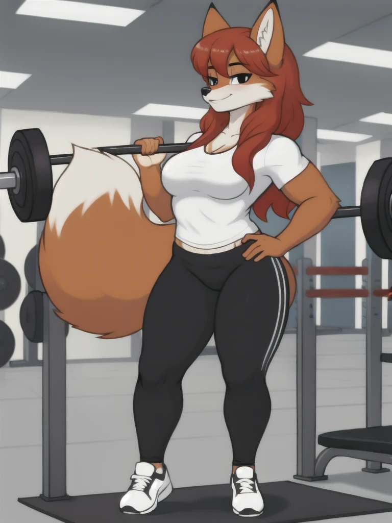 Furry, fox, female, white shirt, black leggings, shoes, gym, teen, standing, full body
