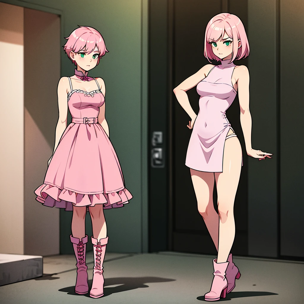 Girl with thin pink hair, small waist, semi wide hips, full thighs and somewhat long legs, He appears to be about ... semi-large breasts, wearing a very short pink dress, big jade green eyes, White skin, and pink boots.