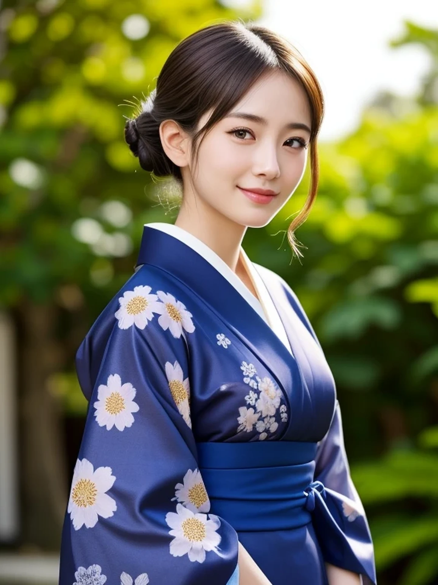 1 Japanese girl, looking up:1.4), (full body shot:1.2), Beautifully detailed eyeballs, catchlight in the eyes, Realistic digital painting of a woman portrait, Shy, Cute, smile, happy, brown eyes, (half updo,:1.1), (light brown brunette hair:1.3), (Highly detailed skin:1.2), Mystical style, Global Illumination, Traditional Japanese　floral printed Kimono, A silk kimono with a deep indigo base. temple, Tabi and Zori to wear when wearing a kimono, 
