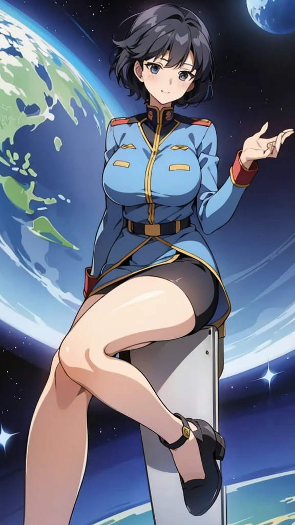 1 girl、Beautiful officer of the Earth Federation Army、short black hair，Idol-level cuteness、Accurately draw faces、Plump body，Huge breasts、Healthy Thigh Skirt Earth Federation Forces、knee height、Inside the cockpit of a space fighter、anatomically correct、Precise fingers、Photo realism，Sunlight，Smile，Smile