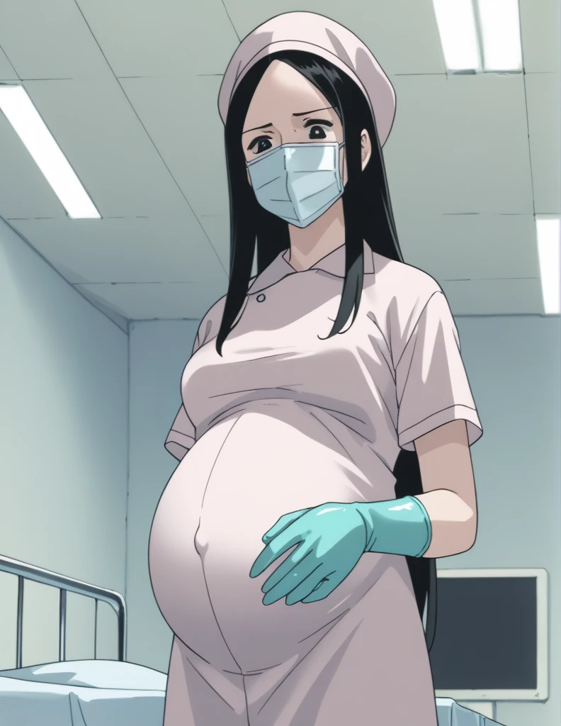 score_9,  score_8_up, score_7_up, source_anime, kasuganoray, pale skin, shy eyes, long hair, scrubs, surgical mask, surgical cap, seamless long-sleeved maternity clothes, 
1girl, pregnant, solo, rubber gloves, looking down, furrowed brow, hospital bed, standing