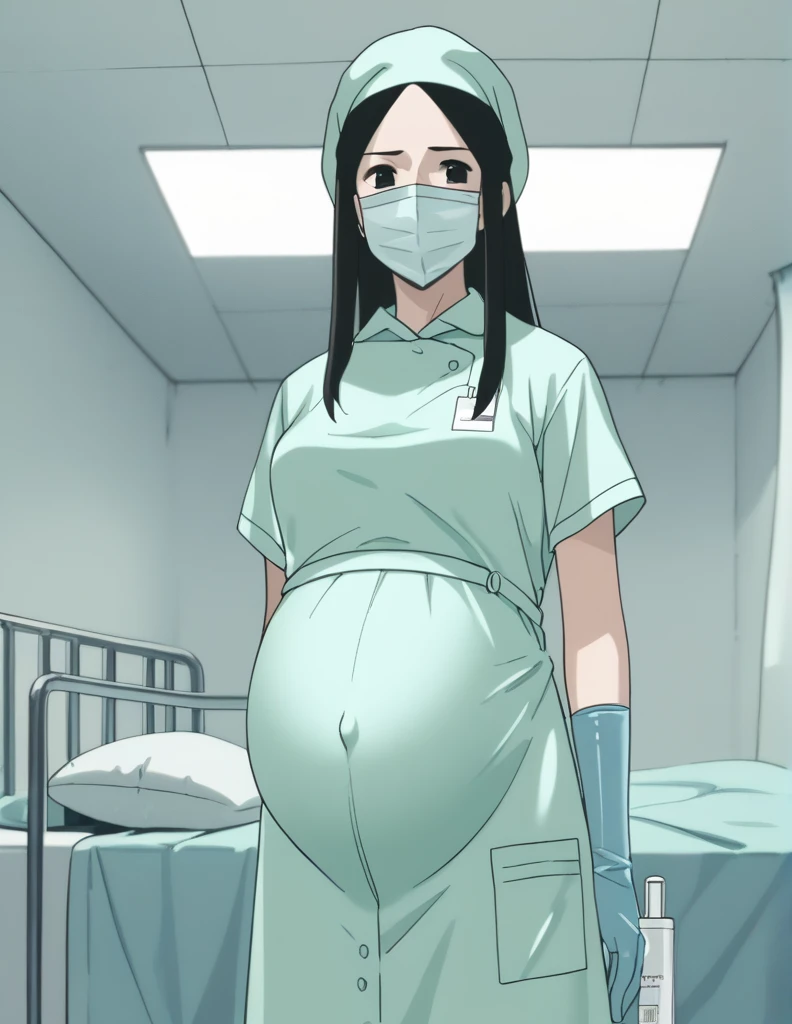 score_9, score_8_up, score_7_up, source_anime, kasuganoray, pale skin, shy eyes, long hair, scrubs, surgical mask, surgical cap, seamless long-sleeved maternity clothes,
1girl, pregnant, solo, rubber gloves, looking down, furrowed brow, hospital bed, standing