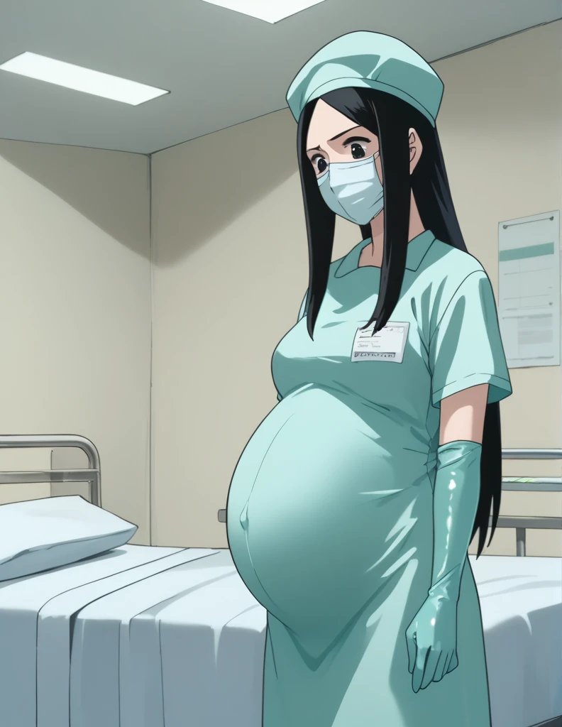 score_9, score_8_up, score_7_up, source_anime, kasuganoray, pale skin, shy eyes, long hair, scrubs, surgical mask, surgical cap, seamless long-sleeved maternity clothes,
1girl, pregnant, solo, rubber gloves, looking down, furrowed brow, hospital bed, standing