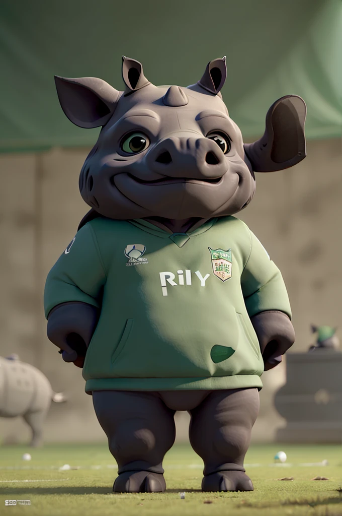 ((a rhinoceros)), ((gris)), (wearing green cap), (with football uniform)