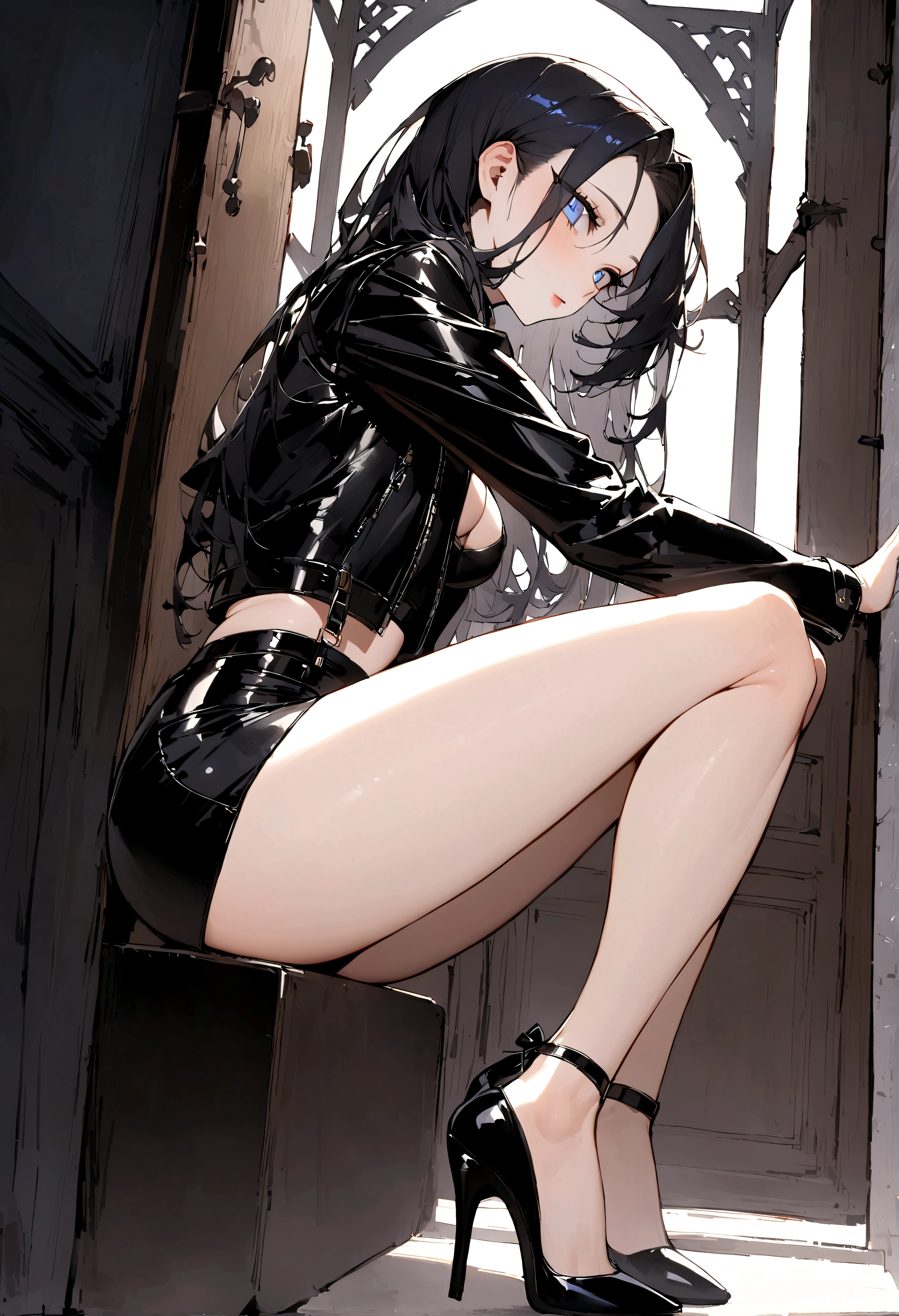 masterpiece, 最好of质量, 聪明of, 强of, of, 有着长长of卷曲金发of美丽女人, blue eyes, Black mini skirt, High heel, leather jacket
