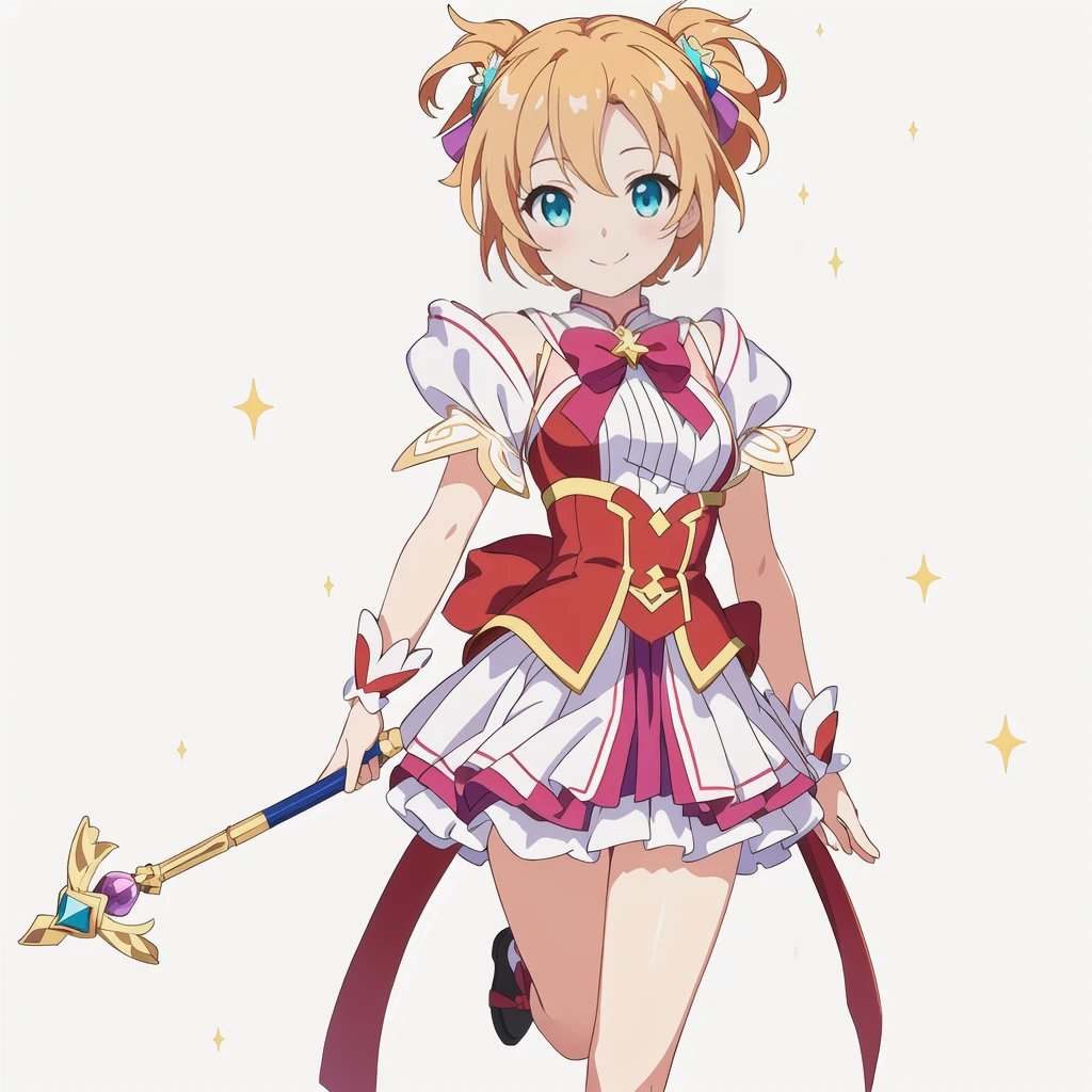 Highest quality, high resolution, High quality anime art style, Official Art, Smooth anime CG art, Stylized anime, Cute 3D anime girl render, Visual Novel Sprites, White background, whole body, Anime-style 3D, Smooth anime CG art, Humanoid Girl, JRPG Characters, Magical Girl Style, Chestnut Hairとピンクのドレスを着たアニメの女の子, Chestnut Hair, Cyan Eyes, short hair, smile, Holding a magic wand in his right hand ,Small Bust, Small breasts, 13 years old