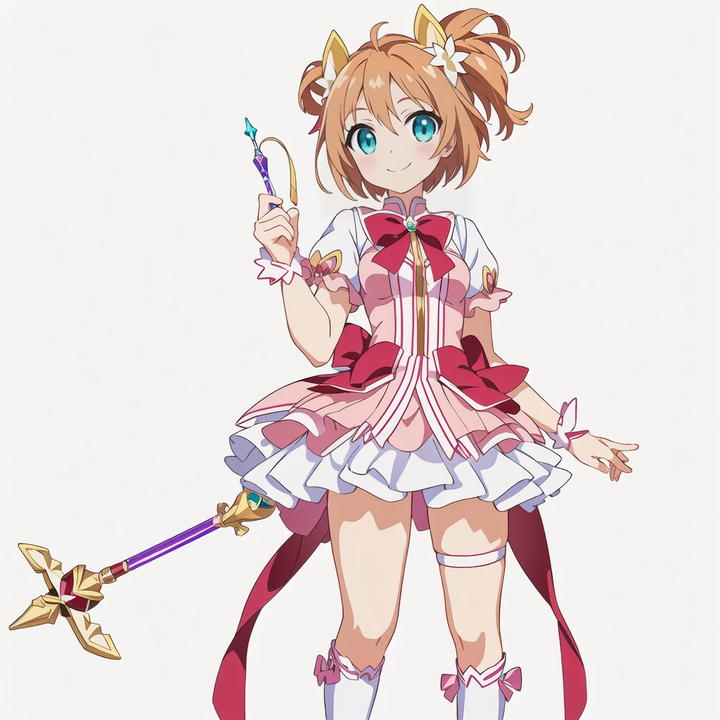 Highest quality, high resolution, High quality anime art style, Official Art, Smooth anime CG art, Stylized anime, Cute 3D anime girl render, Visual Novel Sprites, White background, whole body, Anime-style 3D, Smooth anime CG art, Humanoid Girl, JRPG Characters, Magical Girl Style, Chestnut Hairとピンクのドレスを着たアニメの女の子, Chestnut Hair, Cyan Eyes, short hair, smile, Holding a magic wand in his right hand ,Small Bust, Small breasts, 13 years old