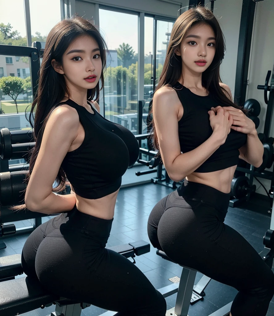 asian, (photorealistic), (unedited photo),(realistic face, detailed face),(detailed eyebrows, realistic beautiful eyes), (realistic lighting), (juicy lips), (beautiful natural eyes), (candid picture),(eurasian),(dark natural eyes),(beautiful face), (sweaty skin), (soft skin), (realistic skin), (at the gym), (working out), legging, (tank top), sweating, freckles, (sitting on leg machine), (8k ultra HD), (candid shot), (sports wear), (sports attire), (tight yoga pants)