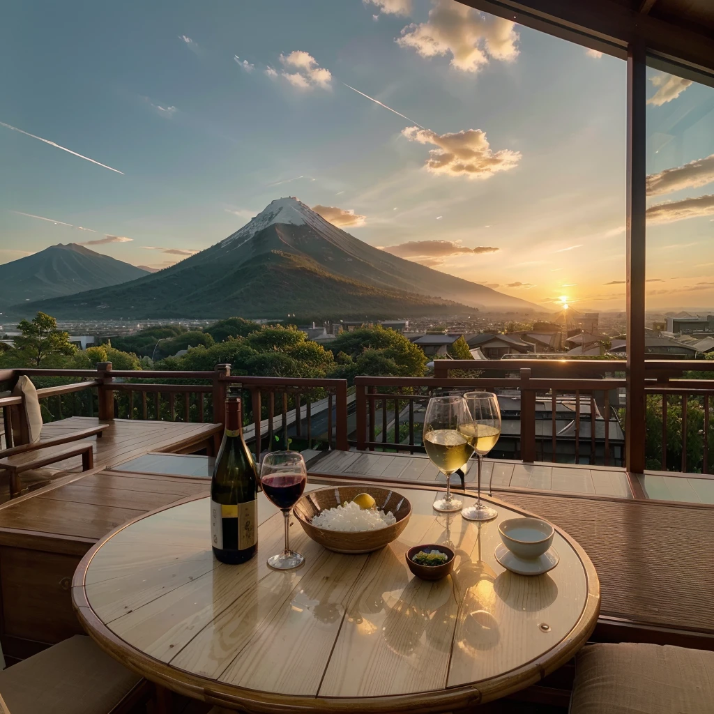 (including k, nffsw, highest quality, table top: 1.2), (realistic, realistic: 1.37), Spectacular view of the sunset sky and clouds、Amazing mountain views、White wine、Japanese sake、Sake Glass、wine glass、、sparkling wine、