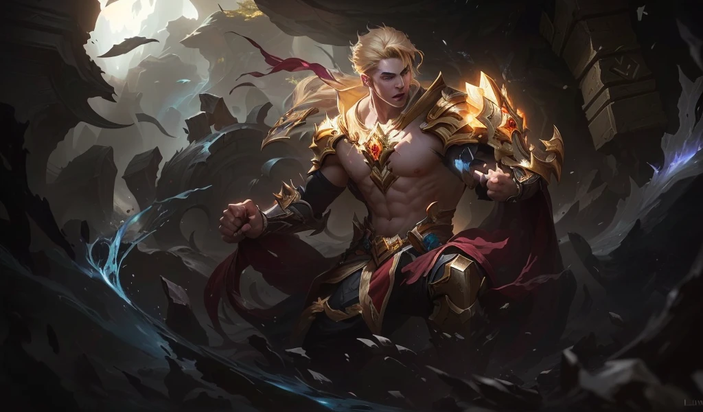 a guy floating in a cave,short blonde hair, face details, Both hands clenched tightly, a halo of light surrounded the fists, hanfu, surrounding golden light, league of legends splash art, league of legends concept art, riot games concept art, character art league of legends, leesin, splash art, iconic character splash art, league of legends splash art, league of legends art, official splash art, league characters League of Legends, League of Legends Champion, 4k, Full HD