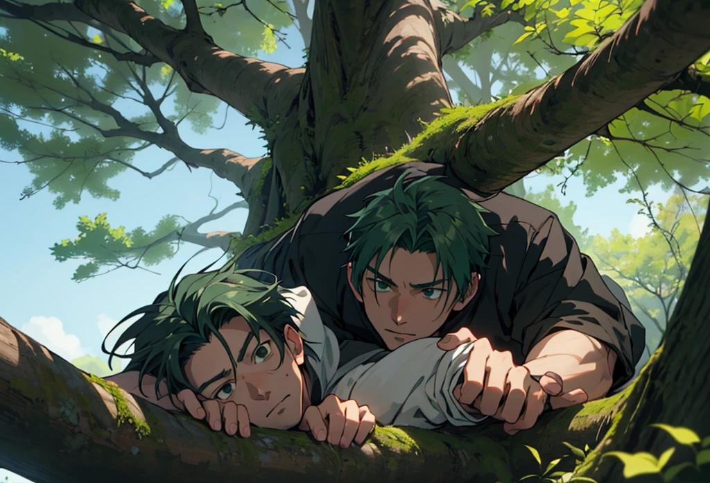  a 90s horror anime style dark green haired boy lying resting in a tree