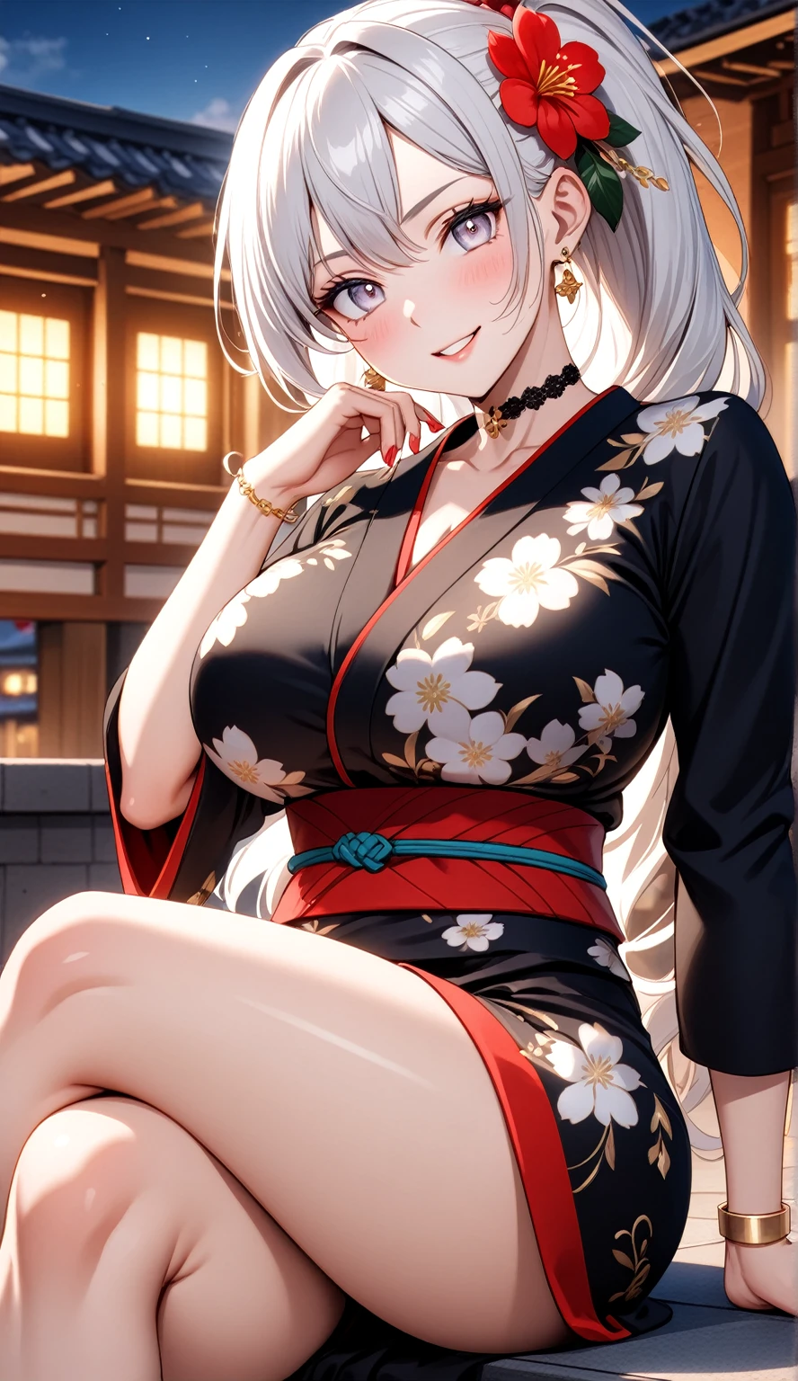 ((One personの女性)), Beautiful Face, (Laughing embarrassedly), (naughty face:1.1),((Wink:1.7)), (head tilt:1.3), teeth,Laugh with your mouth wide open,((Bright red cheeks:1.4)), Glossy red lips, ((crossed legs:1.4)), (panty shot), (Shining Face), Touching hair with hands,looking at viewer, Rooftop terrace, firework,Lighting on the face, ((Anime style background)),masterpiece, Highest quality, so beautiful,up to date, Complex details, (Pink long nails),(ring),(bracelet),(Floral choker),AI-generated, Complex,High resolution, Highest quality, super high quality,3D Images、3D Images,One person,Long white hair,High Ponytail, Anime woman posing for a photo,(blue eyes), ((Fine grain、Silvery white eyes、Shining Eyes:1.4)), (Squint your eyes:1.1),a hyperRealistic , hyperRealistic , Realistic,Anime woman with long white hair, Smooth anime CG art, A woman in a colorful kimono with gold embroidery, (Black long sleeve kimono),Red floral pattern,Long flower hair ornament,Earrings,Mature Body,(Big Breasts:1.1),Tall,Abdominal muscles,Tight waist, (from side),