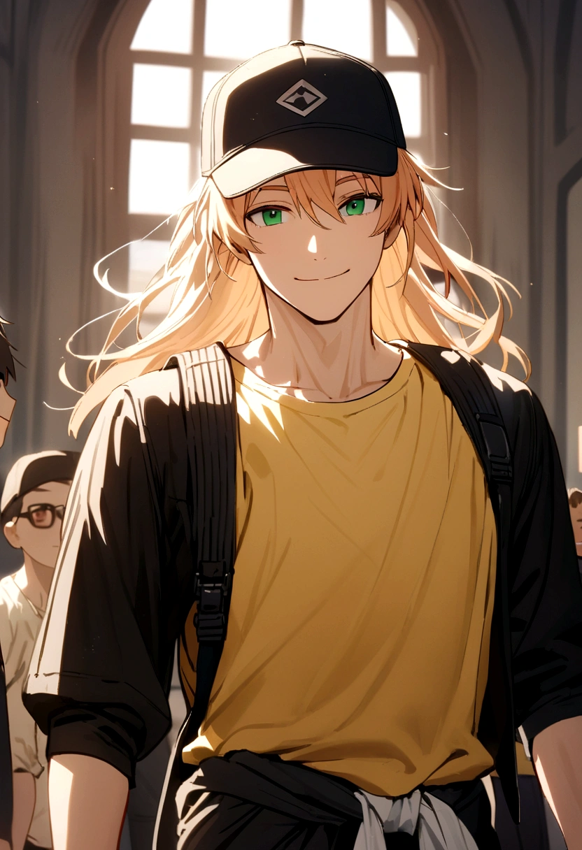 The boy had apricot hair, neck-length hair, green eyes, wearing a black baseball cap, yellow t-shirt, black long-sleeved shirt inside, and a white tie around his waist, smile
