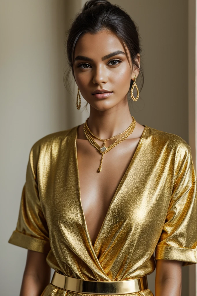 Image of a model wearing gold jewelry with professional clothing