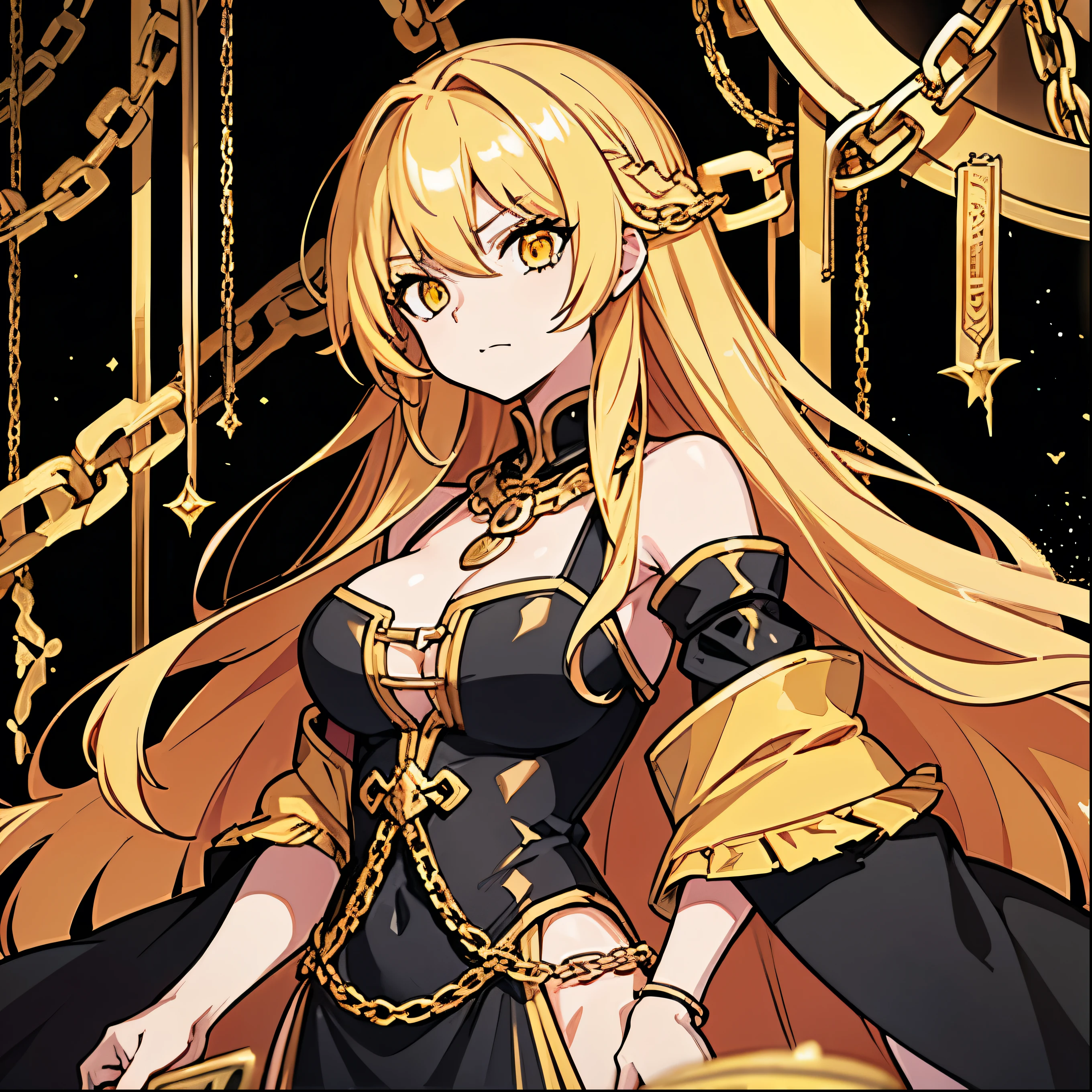 upper body, 1woman, Yellow hair, Long Haired, Golden eyes, (Gambler), Black Long Cape, Tunic, Gold coin necklace, big breats, wallpaper, Chain background, light particles, (masterpiece), best quality, closed-mouth