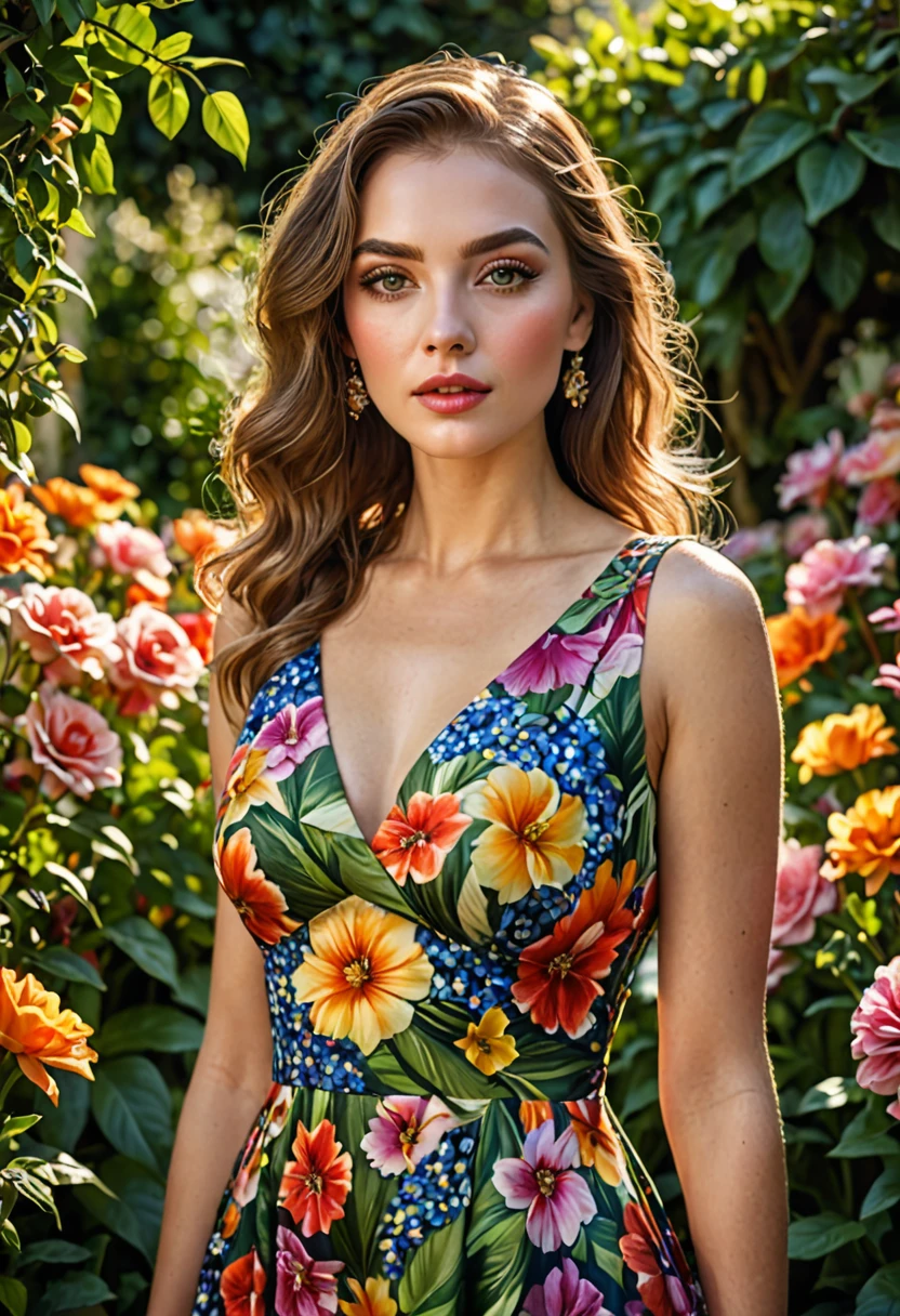 a woman in a dress with floral pattern, realistic, photorealistic, high quality, detailed, intricate floral dress, beautiful detailed eyes, beautiful detailed lips, extremely detailed face and skin, long eyelashes, elegant pose, sunlight, outdoor garden, colorful flowers, lush greenery, vibrant colors, soft lighting, cinematic, award winning photograph
