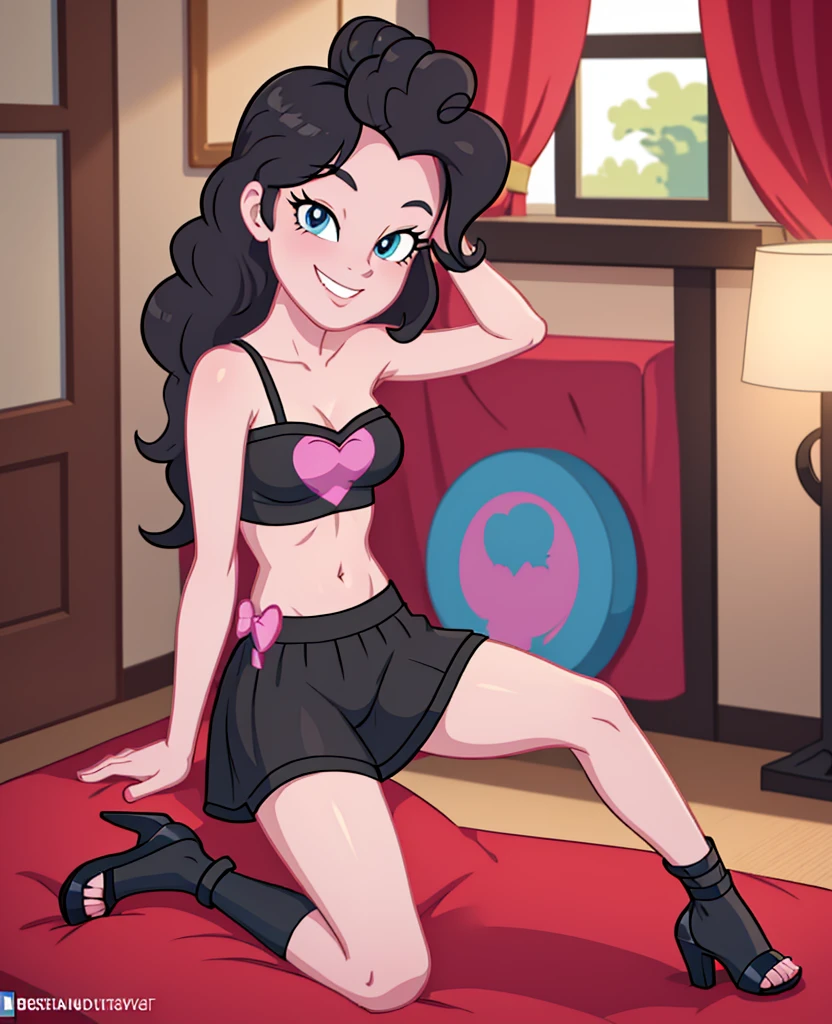 masterpiece, best quality, cowboy shot, solo, 1girl, mlppinkiepie, smile:0.5, looking at viewer, black tube top sexy, black stocking, sexy pose, seductive pose, seductive smile, living room, indoors, dynamic lighting, slight smile, adult torso, 12 years old, medium sized breasts, Long Legs,  black platform straps high heels , Full Body shot, 
