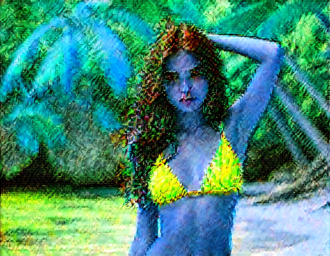 a sexy teenage girl with thin very long dark brown hair in disheveled style, with sensual look, She is in a tropical environment with a turquoise bikini and her breasts are medium and stand out., posing at the camera for social network profile photo, moving his arms very strikingly