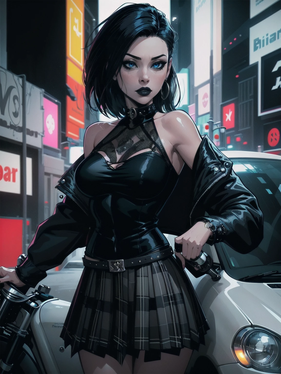 a woman with medium black hair, hair on shoulders,  wearing plaid skirt, black jacket,  blue eyes, gothic art, cute aesthetic with vibe, toon aesthetic, wearing gothic accessories, look like Cassie Hack, upper body, driving on the motocicle, times square background, dinamic poses