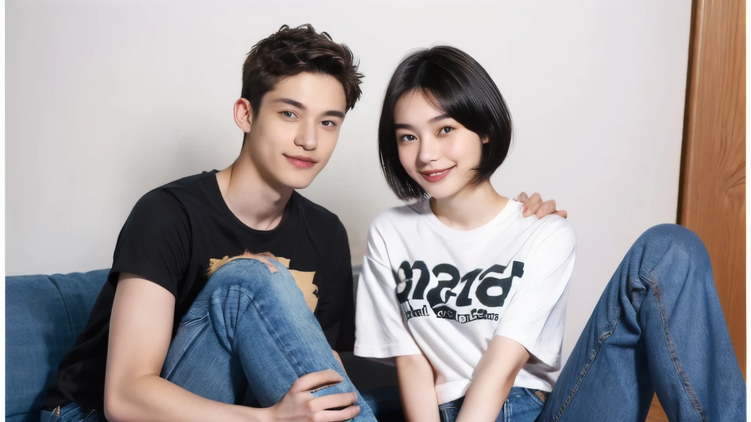 249 (An 18-year-old female and an 18-year-old male), (short hair),kind, lipstick, (Jeans andTshirt), smile