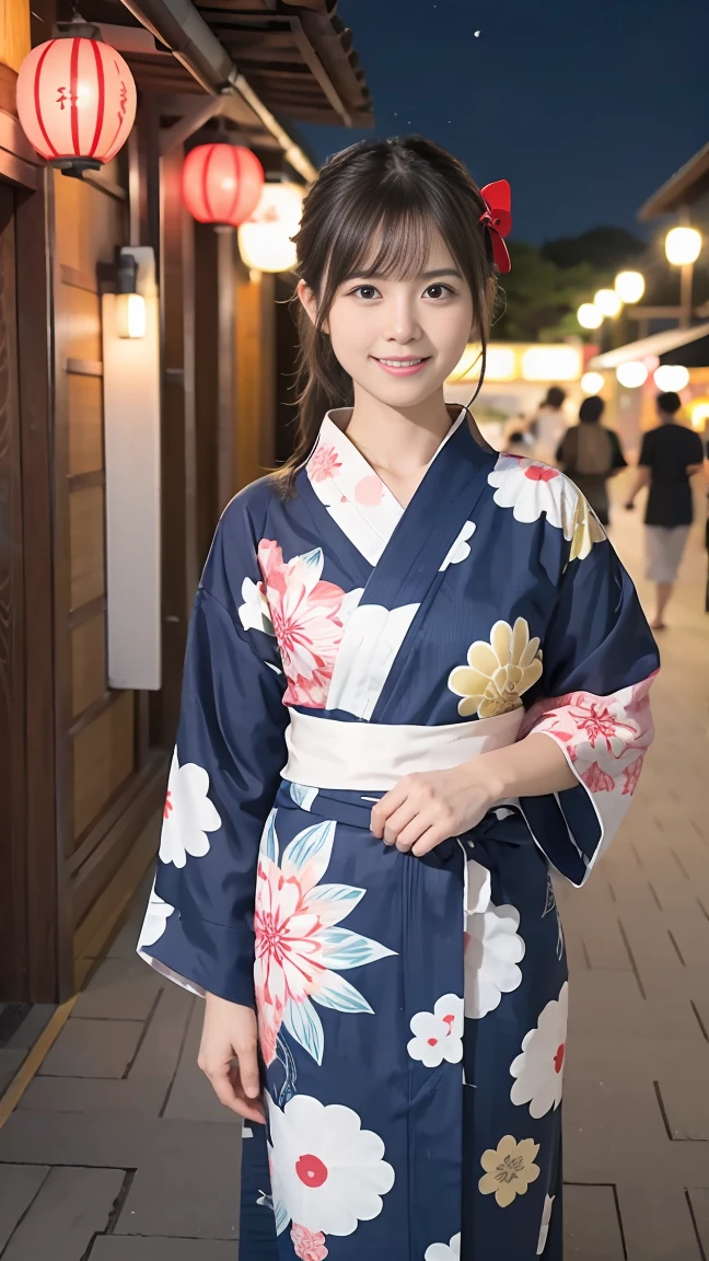 geta、Full Body、Beautiful yukata girl、 The background is a rural night Bon Odori dance、Hello Kitty patterned yukata