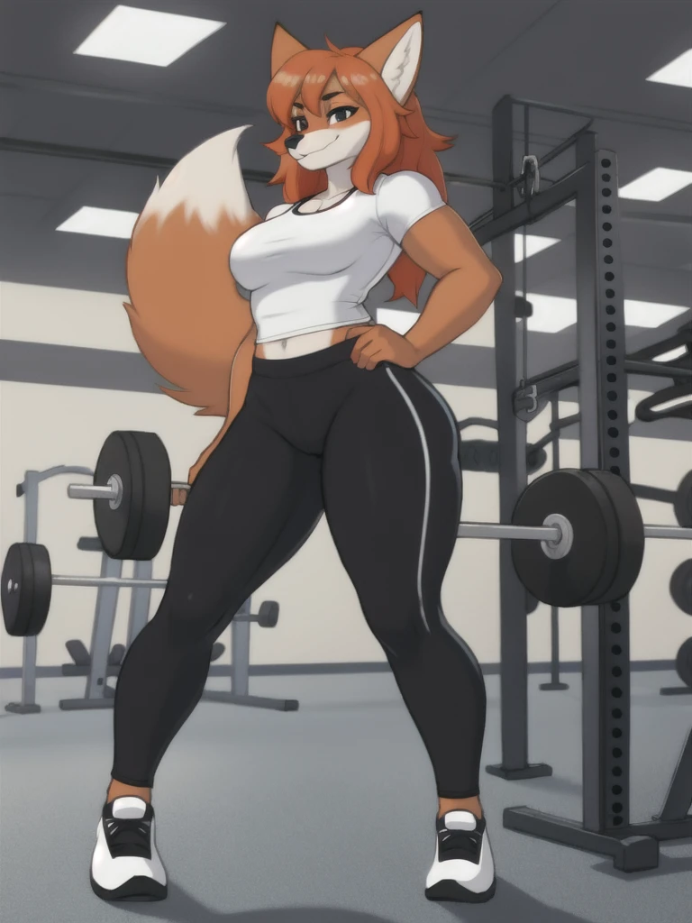 Furry, fox, female, white shirt, black leggings, shoes, gym, , standing, full body
