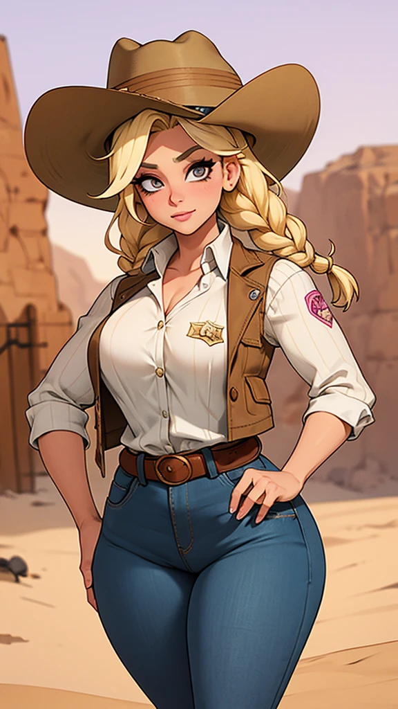 Woman sheriff, wild west, curvy, cowboy hat, blonde braids hair, pink skin, parts, short jeans, White shirt, Cowboy vest, texan buckle, Cowboy boots, stir in both hands, village scene in the desert