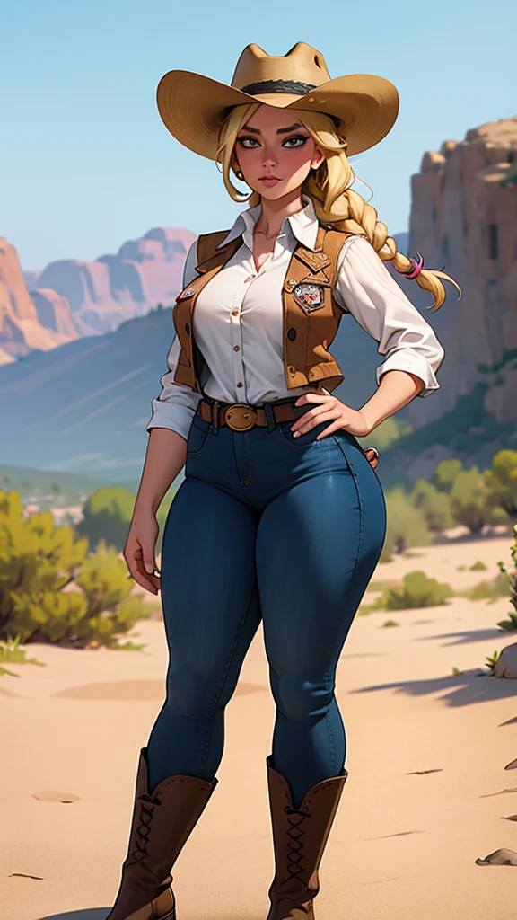 Woman sheriff, wild west, curvy, cowboy hat, blonde braids hair, pink skin, parts, short jeans, White shirt, Cowboy vest, texan buckle, Cowboy boots, stir in both hands, village scene in the desert