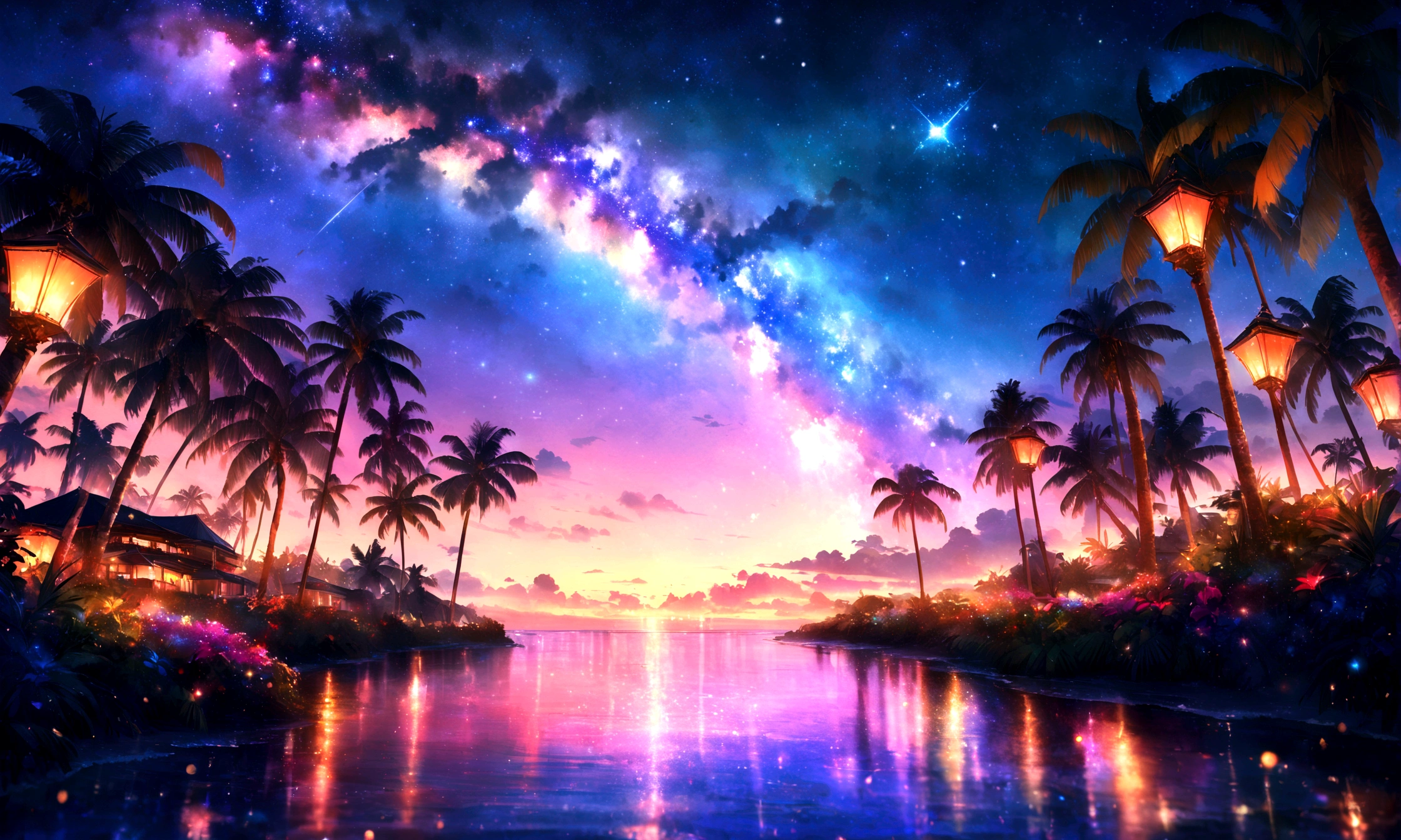 Tropical coast, Starry Night,Palm tree,milky way,Blur the background,Pleasant sea breeze,Glitter effect,Highest quality, 8K, High resolution, masterpiece:1.2, Very detailed, Realistic:1.37, High resolution, 超High resolution, Ultra-fine painting, Very detailed, Professional, Vibrant colors