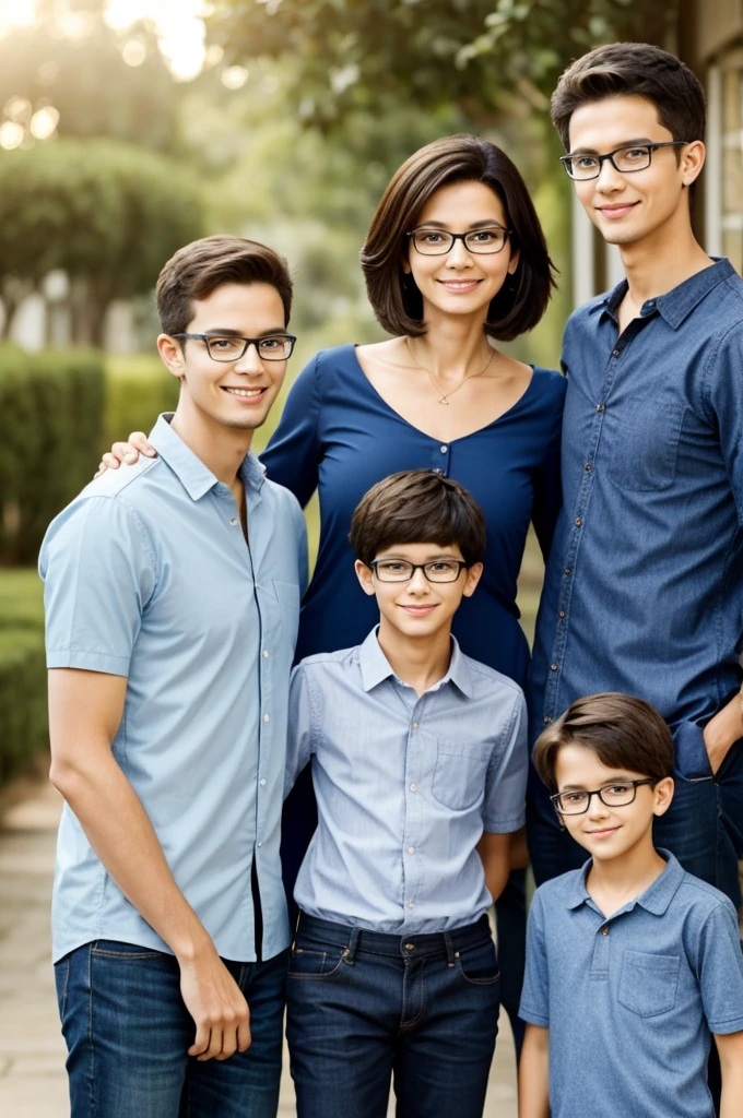 Create a matrial family with one son taller than the mother and the other the same size as the mother, all with glasses.