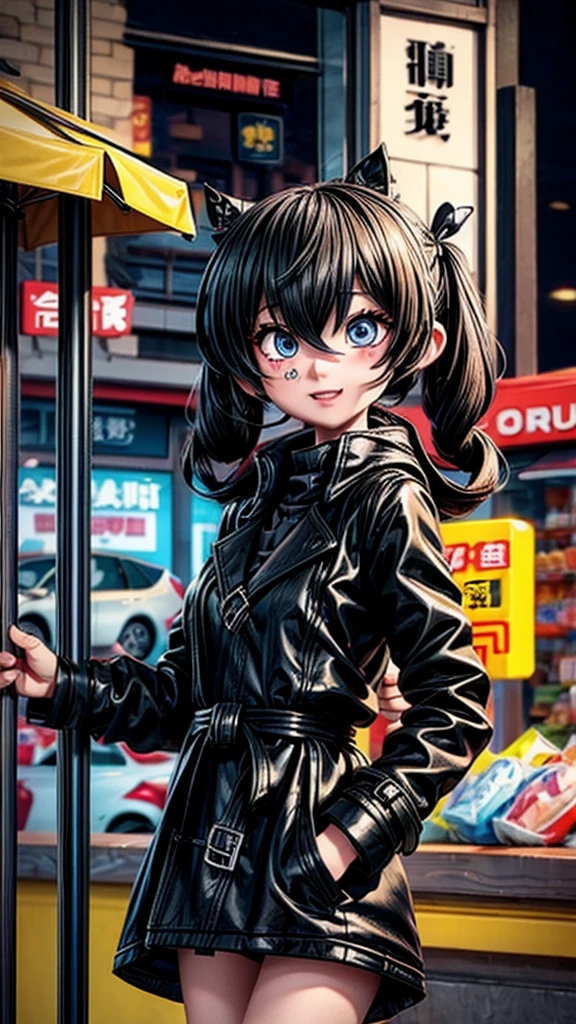 Girl in black trench coat、Playing convenience store robbery with friends
