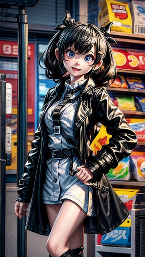 Girl in black trench coat、Playing convenience store robbery with friends