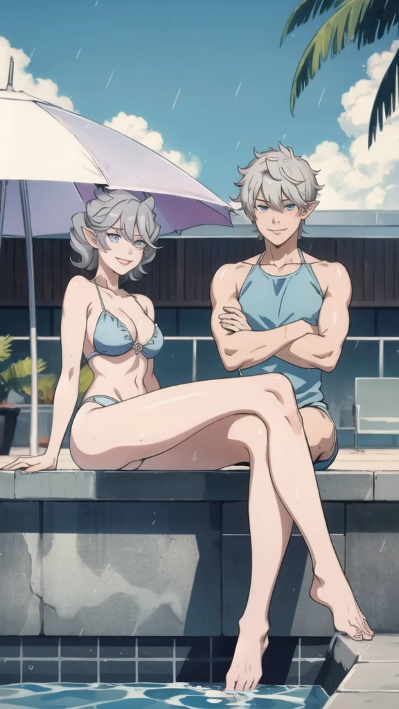 2 boys High level image quality best image quality 8K adult woman pool party rain palm trees more colors whole body view portrait golden bikini horn ears short hair((shortcut)(gray hair)(perm)(fluffy)) eye color is blue , , attractive evil face , smile , sexy pose , labrynth , crossed arms, barearm , sittings by the pool , crossed legs , all wet , view foot arc
