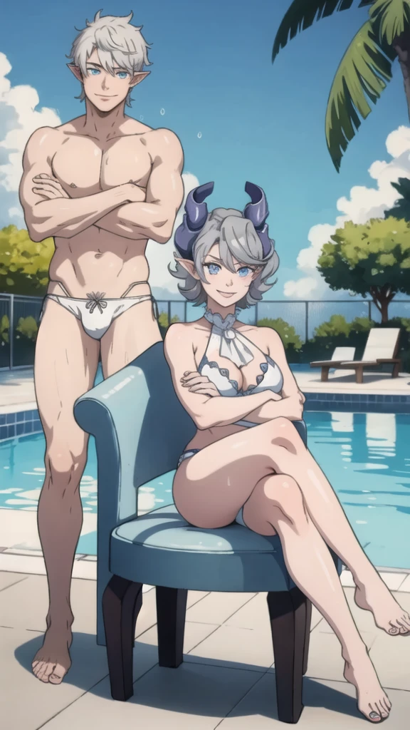 2 boys High level image quality best image quality 8K adult woman pool party rain palm trees more colors whole body view portrait golden bikini horn ears short hair((shortcut)(gray hair)(perm)(fluffy)) eye color is blue , , attractive evil face , smile , sexy pose , labrynth , crossed arms, barearm , sittings by the pool , crossed legs , all wet , view foot arc