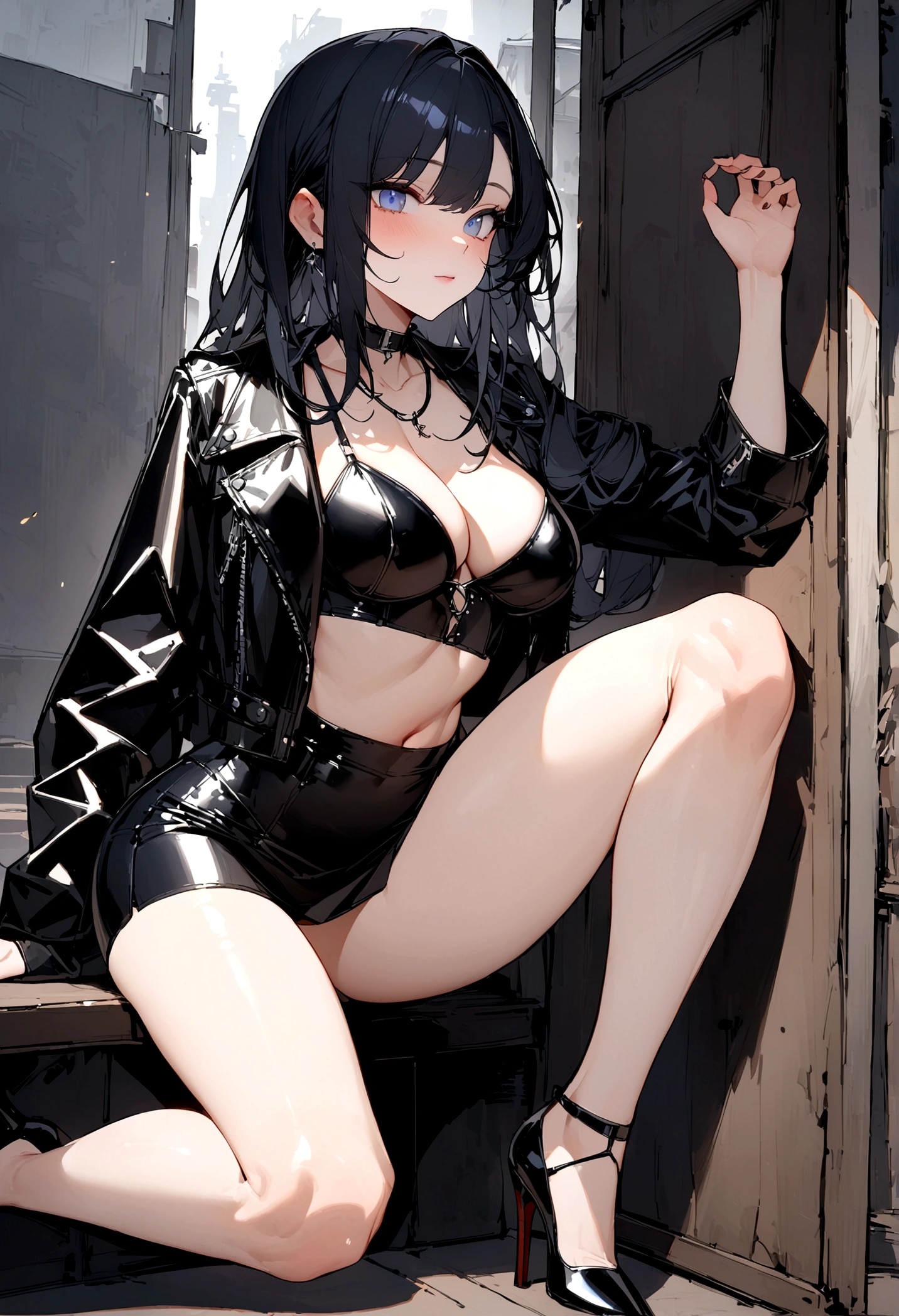masterpiece, 最好of质量, 聪明of, 强of, of, 有着长长of卷曲金发of美丽女人, blue eyes, Black mini skirt, High heel, leather jacket