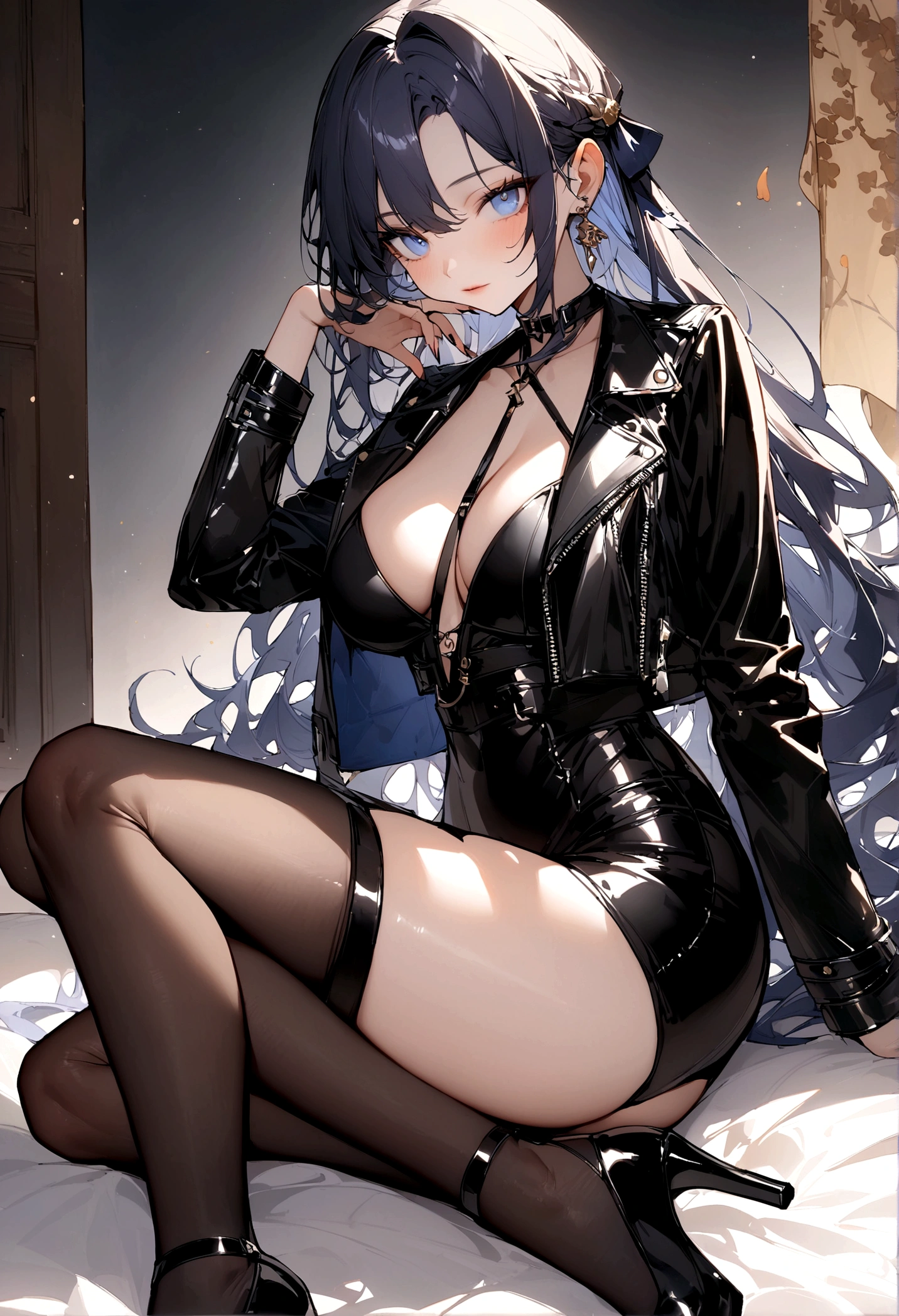 masterpiece, 最好of质量, 聪明of, 强of, of, 有着长长of卷曲金发of美丽女人, blue eyes, Black mini skirt, High heel, leather jacket