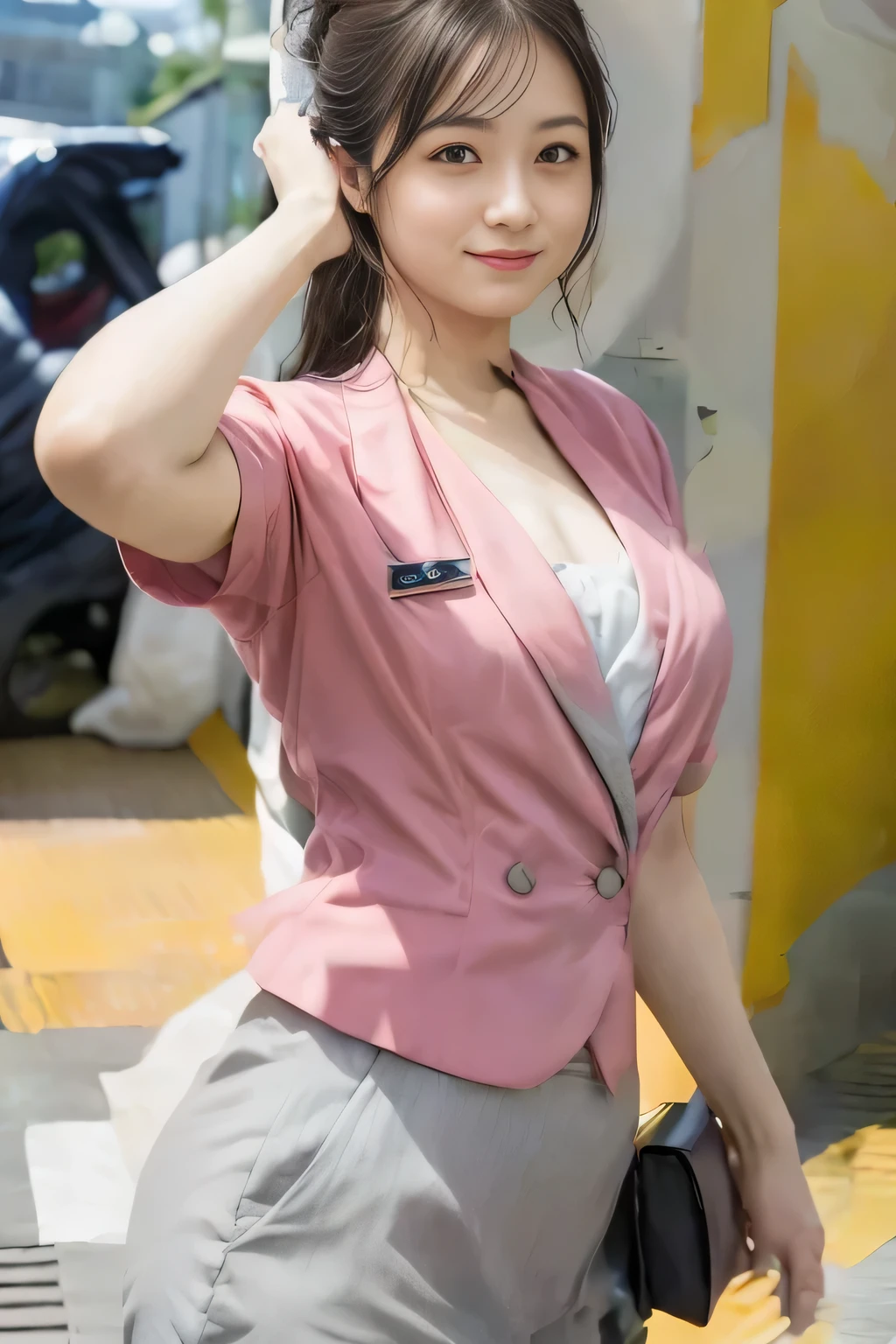 (masterpiece:1.2, Highest quality:1.2), 32k HDR, High resolution, (alone、1 girl)、 (Height: 160cm)、（On the rooftop of a building in the daytime、Professional Lighting）、Building rooftop background、（Nankai train crew uniform pinkを着たリアルスタイル）、（Nankai train crew uniform pink short sleeve collarless pink jacket、Nankai Train Crew Uniform Pink Collarless Short Sleeve Blouse、Nankai Train Crew Uniform Pink Grey Knee-length Culottes）、（The pink jacket is showing from the culottes.）、Dark brown hair、（Hair tied up、Hair tied up、Evening curly hairstyle）、Dark brown hair、Long Shot、Big Breasts、Thin legs、（（Great hands：2.0）），（（Harmonious body proportions：1.5）），（（Normal limbs：2.0）），（（Normal finger：2.0）），（（Delicate eyes：2.0）），（（Normal eyes：2.0））)、smile、（Nankai Train Crew Uniform Pink Grey Knee-length Culottesを見せた美しい歩く姿）、Place your hands around your stomach、Lanyard employee ID card