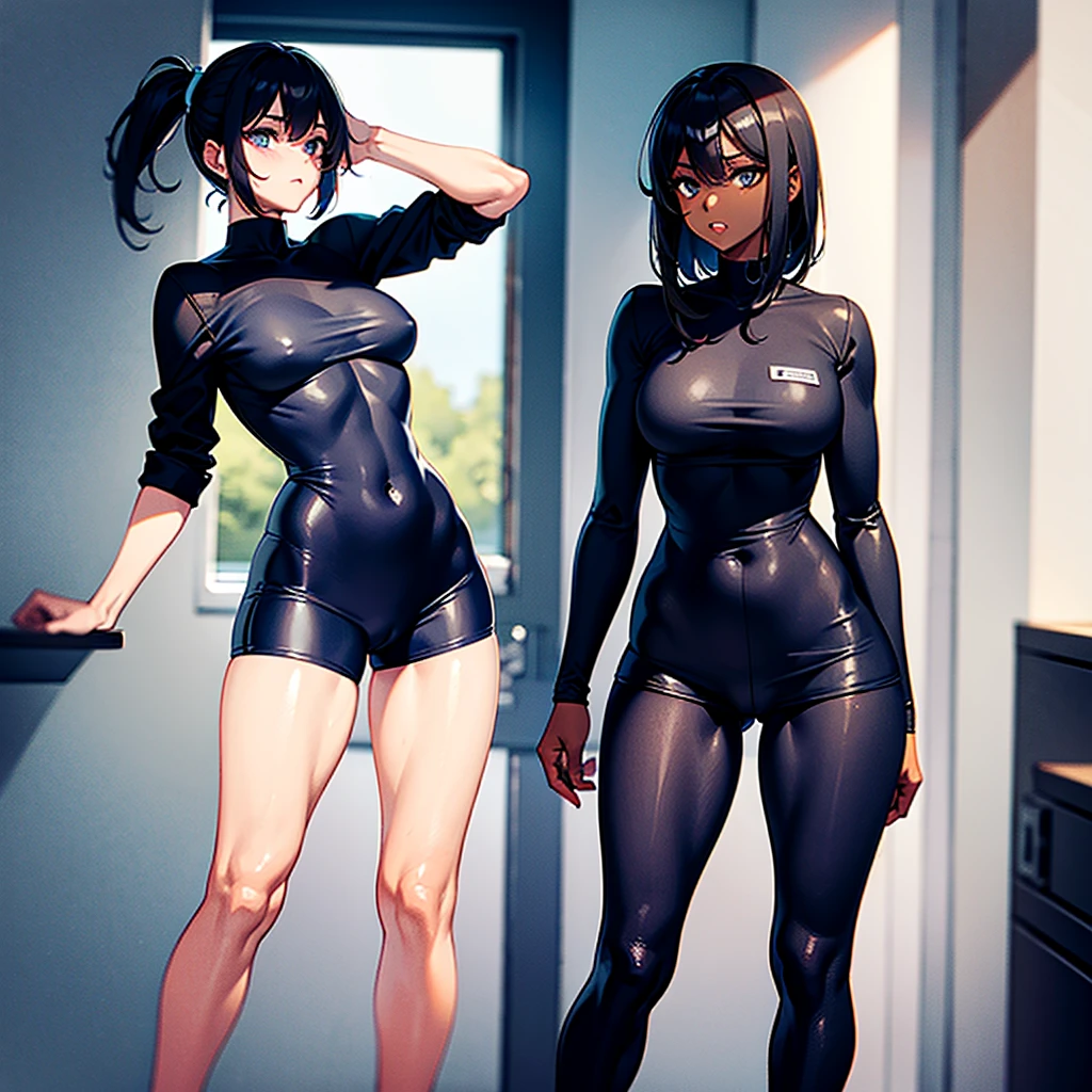 Black skinned girl from the front in short and tight clothes 