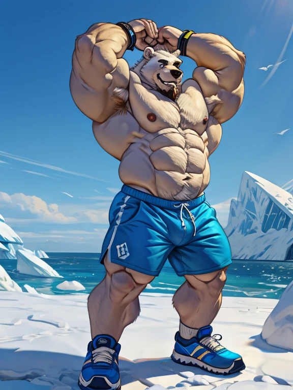 Dad-bod Polar Bear adventure in Antarctica, huge white fur, thick arm, huge arm, bearded. White hair and white beard, bearded, muscular, pectoral, wide pectoral, realistic, 8k, masterpiece, (wearing blue shorts, wristbands and shirtless:1.3, topless, shoes) bending stretching his body muscles, DILF