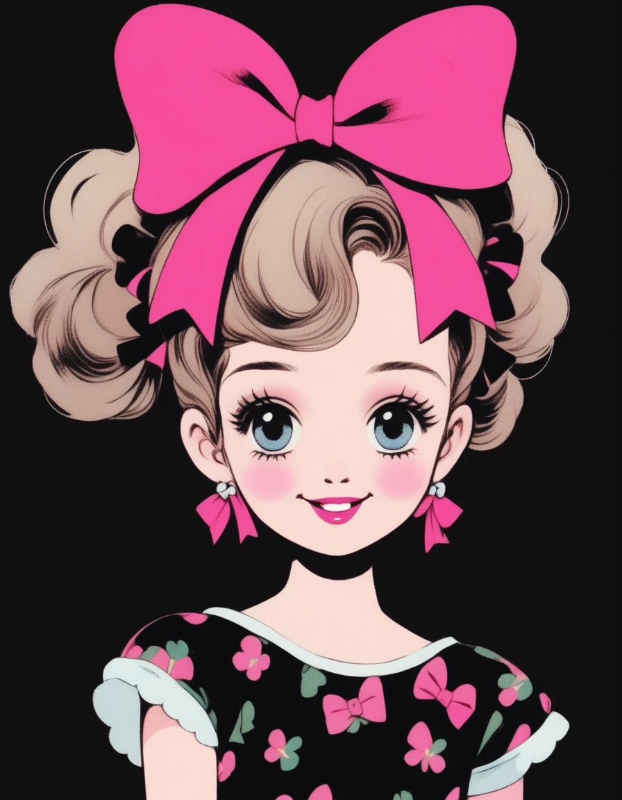 Doll smiling, with a small bright pink bow on her head, with black background