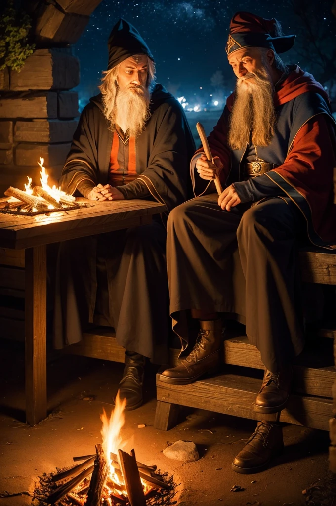 Two wizards resting at a bonfire at night