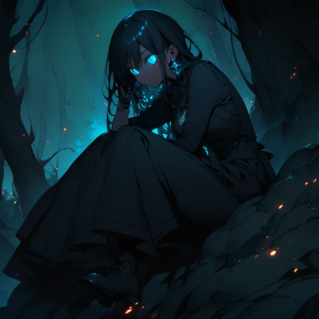 (well done:1)woman, completely dark skin, black spirals all over her body, long straight black hair, black cross earrings, completely white glowing eyes, black long-sleeved t-shirt with white spirals, black pants, black shoes. sitting on a rock in a forest